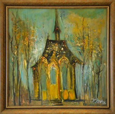 Painting titled "The old wooden chur…" by Mihai Teodor Olteanu, Original Artwork, Oil Mounted on Wood Stretcher frame