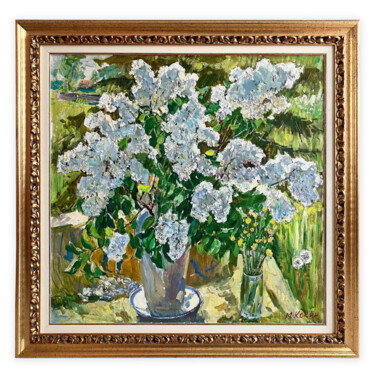 Painting titled "White lilacs" by Mikhail Kokin, Original Artwork, Oil
