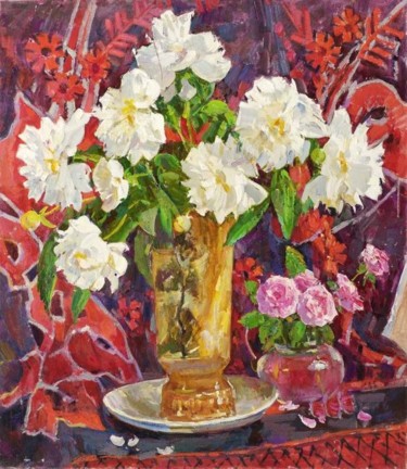 Painting titled "Peony and Tea Roses" by Mihail Kokin, Original Artwork, Oil