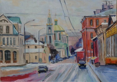 Painting titled "Зимняя Москва" by Mikhail Kuzmenko, Original Artwork, Oil Mounted on Wood Stretcher frame