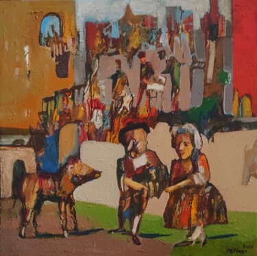 Painting titled "Village scape" by Mihran Manukyan, Original Artwork, Oil Mounted on Wood Stretcher frame