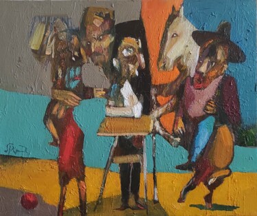 Pintura intitulada "The rider in yard" por Mihran Manukyan, Obras de arte originais, Óleo Montado em Armação em madeira