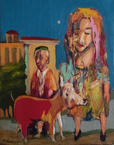 Painting titled "The girl and her dog" by Mihran Manukyan, Original Artwork, Oil Mounted on Wood Stretcher frame
