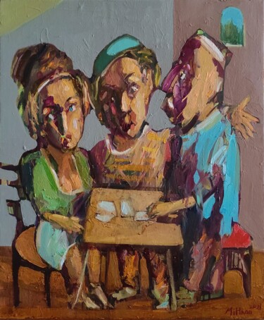Painting titled "Gamblers" by Mihran Manukyan, Original Artwork, Oil Mounted on Wood Stretcher frame