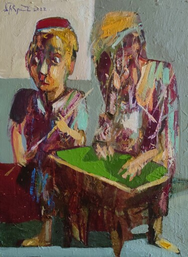 Painting titled "Billiard" by Mihran Manukyan, Original Artwork, Oil Mounted on Wood Stretcher frame