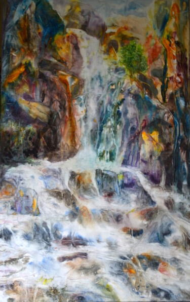 Painting titled "Torrentielle cascade" by Mijo Chambon, Original Artwork, Watercolor Mounted on Wood Stretcher frame