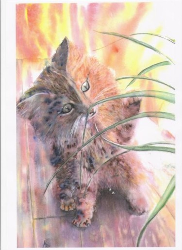 Painting titled "chaton joueur" by Mijo Chambon, Original Artwork