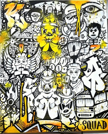 Painting titled "Les bonhommes jaune…" by Mickaël Munos, Original Artwork, Ink