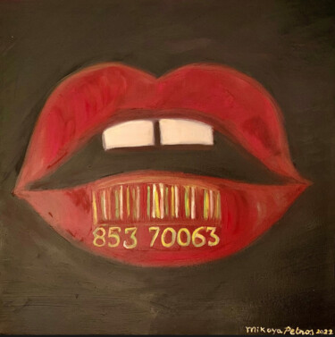 Painting titled "Kiss Barcode" by Mikaya Petros, Original Artwork, Oil Mounted on Wood Panel