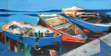 Pintura titulada "Лодки на синем" por Mike Bezloska, Obra de arte original, Acrílico Montado en Bastidor de camilla de madera