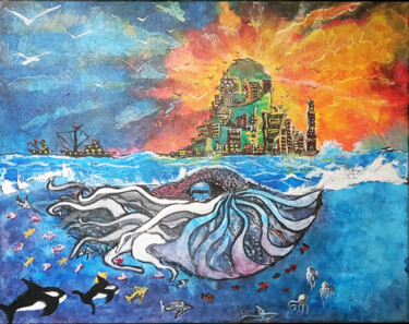 Painting titled "NAUTILUS-ISLAND" by Mike Pi, Original Artwork, Acrylic Mounted on Wood Stretcher frame