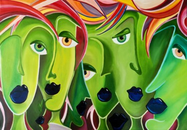 Painting titled "Green Faces" by Mike Wagener, Original Artwork, Acrylic