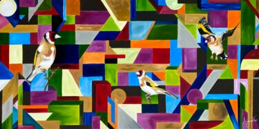 Malerei mit dem Titel "Distelfinken" von Mike Wagener, Original-Kunstwerk, Acryl