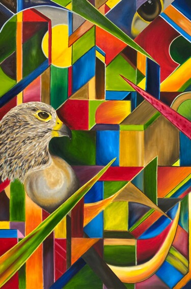 Malerei mit dem Titel "Falke" von Mike Wagener, Original-Kunstwerk, Öl Auf Keilrahmen aus Holz montiert