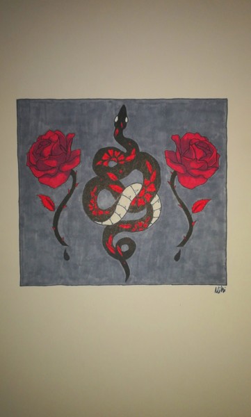 Ζωγραφική με τίτλο "Snake and Red Roses" από Miki, Αυθεντικά έργα τέχνης, Μαρκαδόρος