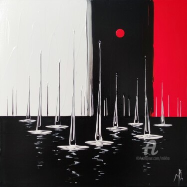 Painting titled "Red moon on the bla…" by Mikha, Original Artwork, Acrylic Mounted on Wood Stretcher frame
