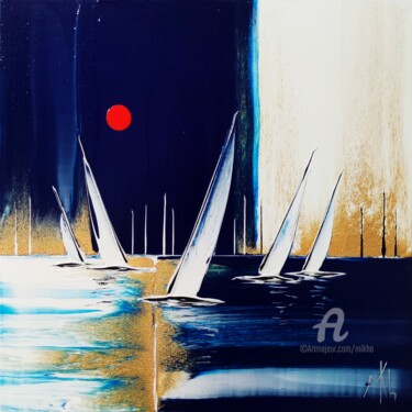 Painting titled "Gold and blue night…" by Mikha, Original Artwork, Acrylic Mounted on Wood Stretcher frame