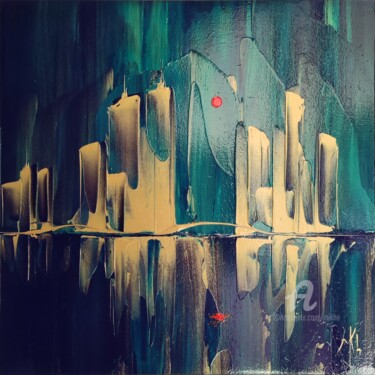 Painting titled "Blue and gold city" by Mikha, Original Artwork, Acrylic