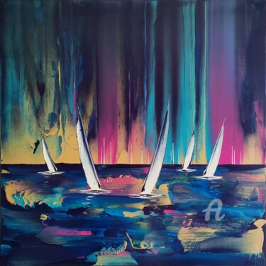 Schilderij getiteld "Rainbow regatta #3" door Mikha, Origineel Kunstwerk, Acryl Gemonteerd op Frame voor houten brancard