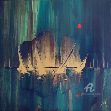 Painting titled "Regatta in blue and…" by Mikha, Original Artwork, Acrylic Mounted on Wood Stretcher frame