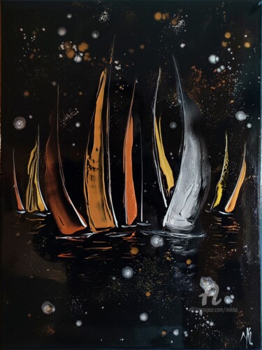 Painting titled "Regatta in black" by Mikha, Original Artwork, Acrylic Mounted on Wood Stretcher frame