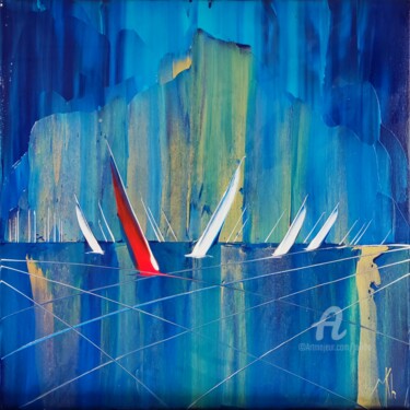 Painting titled "Regatta with the or…" by Mikha, Original Artwork, Acrylic Mounted on Wood Stretcher frame