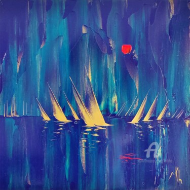 Картина под названием "Blue, gold and a li…" - Mikha, Подлинное произведение искусства, Акрил