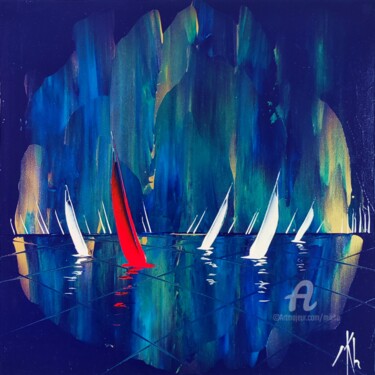 Painting titled "Une voile rouge" by Mikha, Original Artwork, Acrylic Mounted on Wood Stretcher frame