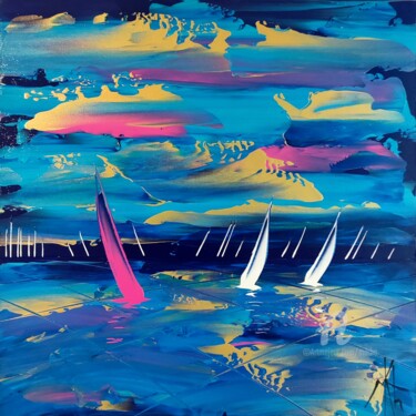 Painting titled "The purple sail" by Mikha, Original Artwork, Acrylic Mounted on Wood Stretcher frame