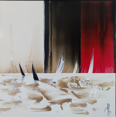 Painting titled "Régate en rouge, no…" by Mikha, Original Artwork, Acrylic Mounted on Wood Stretcher frame