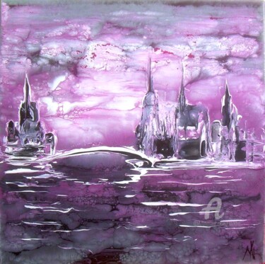 Peinture intitulée "Ville mauve. Purple…" par Mikha, Œuvre d'art originale, Huile