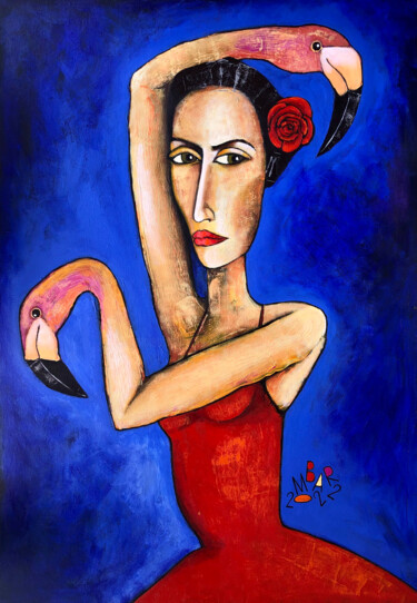 Painting titled "Flamenco-flamingo" by Mikhail Baranovskiy, Original Artwork, Acrylic Mounted on Wood Stretcher frame