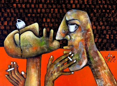 Schilderij getiteld "Coffee break" door Mikhail Baranovskiy, Origineel Kunstwerk, Acryl Gemonteerd op Frame voor houten bran…