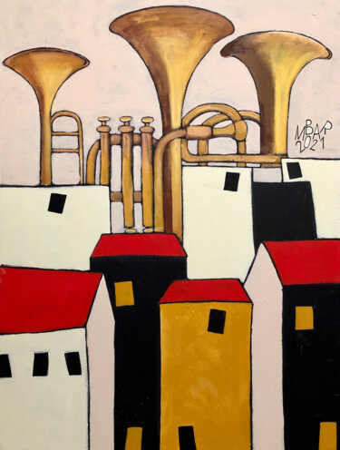 Painting titled "Pipes over the city" by Mikhail Baranovskiy, Original Artwork, Acrylic Mounted on Wood Stretcher frame