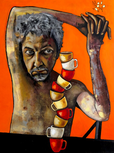 Painting titled "Coffee lover" by Mikhail Baranovskiy, Original Artwork, Acrylic Mounted on Wood Stretcher frame