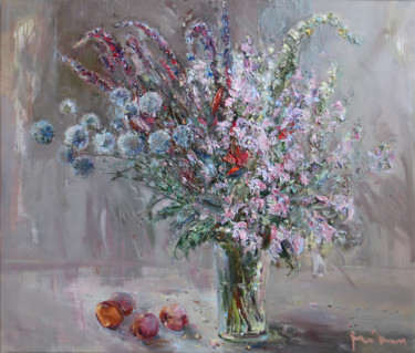 Painting titled "Wildflowers with Pe…" by Mikhail Mikora, Original Artwork, Oil