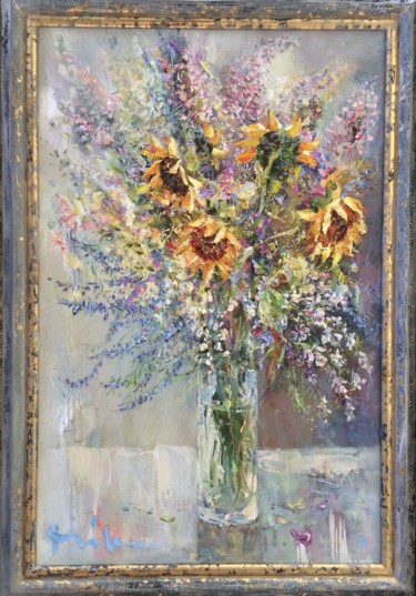 Painting titled "Bouquet with Sunflo…" by Mikhail Mikora, Original Artwork, Oil
