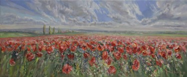 Schilderij getiteld "Poppies Field" door Mikhail Mikora, Origineel Kunstwerk, Olie