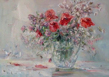 Painting titled "Poppies and Clover" by Mikhail Mikora, Original Artwork, Oil