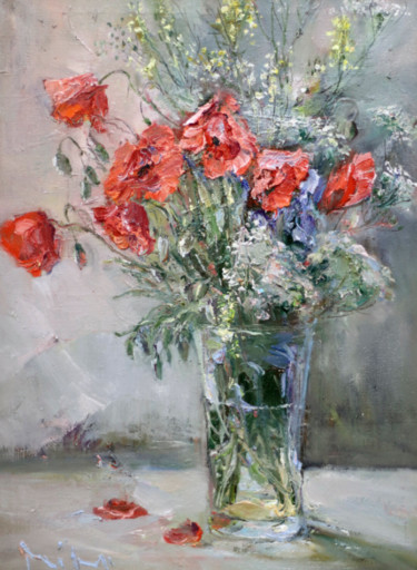 Painting titled "Poppies and Wildflo…" by Mikhail Mikora, Original Artwork, Oil