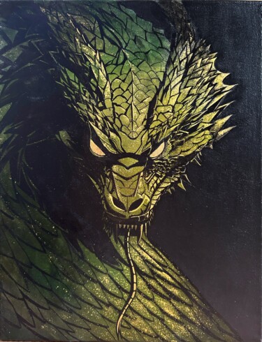 Painting titled "Dragon" by Mikhailova, Original Artwork, Ink Mounted on Wood Stretcher frame