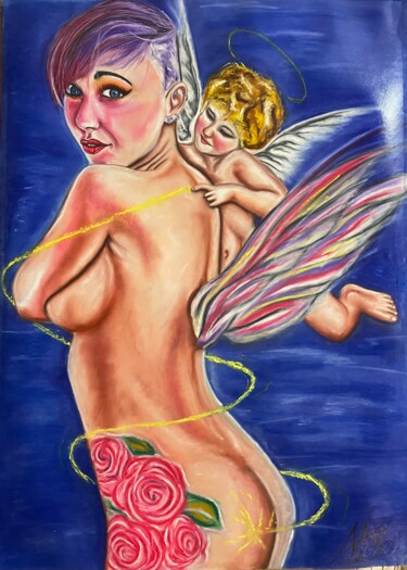 Drawing titled "Angel" by Mikiart, Original Artwork, Pastel