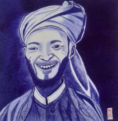 Disegno intitolato "L'homme au turban" da Mikael Schneider, Opera d'arte originale, Penna gel