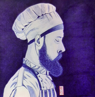 Dessin intitulée "Le cuisinier" par Mikael Schneider, Œuvre d'art originale, Stylo à bille