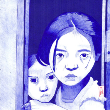 Disegno intitolato "2 little girls" da Mikael Schneider, Opera d'arte originale, Penna gel