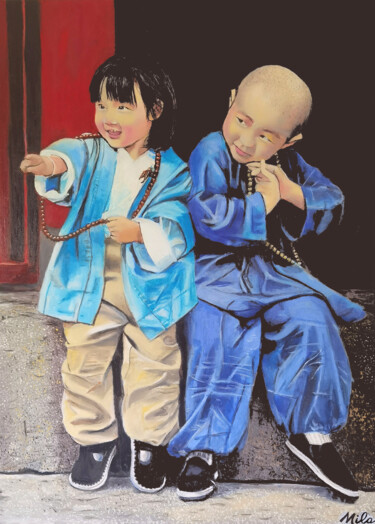 Painting titled "Enfants d'Asie" by Mila Bnzh, Original Artwork, Oil