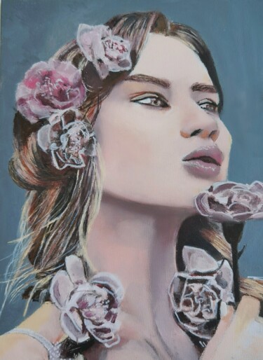 Painting titled "Femme aux fleurs" by Mila Bnzh, Original Artwork, Oil