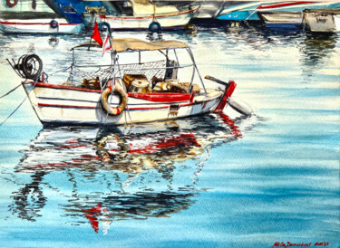 Картина под названием "Humble fishing boat" - Mila D'Art, Подлинное произведение искусства, Акварель