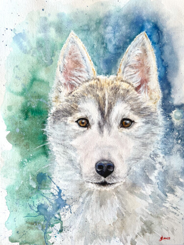 Картина под названием "Husky portrait" - Mila D'Art, Подлинное произведение искусства, Акварель