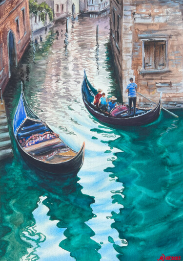 Painting titled "The gondolas of Ven…" by Mila D'Art, Original Artwork, Watercolor